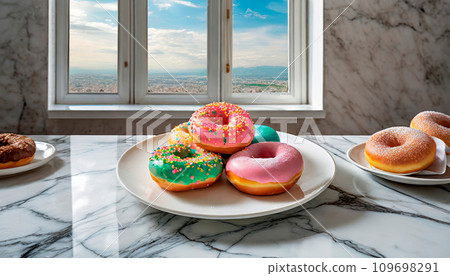 盤子裡的彩色甜甜圈 109698291