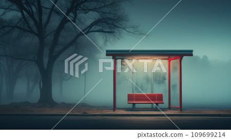 Lonely Rural Bus Stop in Misty Setting. Generative AI 109699214