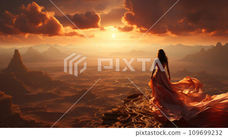 Woman in Pink Dress Overlooking Sunset Desert Landscape. Generative AI 109699232
