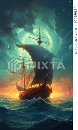 Majestic Sailboat on Swirling Sea at Sunset. Generative AI 109699244