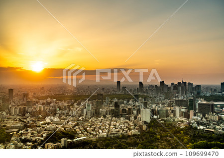[Tokyo] Urban landscape of Shinjuku subcenter illuminated by the setting sun 109699470