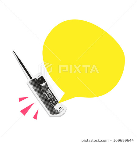 90s vintage style Collage halftone element for message. Old cell phone with speech bubble. Dotted realistic stickers with simple vivid shapes. Vector 90s vintage style Collage halftone element for message. Old cell phone with speech bubble. Dotted realistic stickers with simple vivid shapes. Vector 109699644
