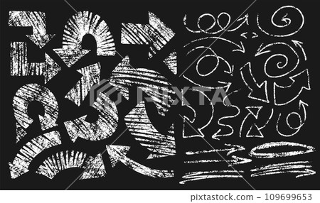 Hand drawn grunge arrow set isolated on blackboard background. Rough arrow doodles. Emphasis crayon elements. Directional arrow shapes with curling tails. Vector Illustration. Hand drawn grunge arrow set isolated on blackboard background. Rough arrow doodles. Emphasis crayon elements. Directional arrow shapes with curling tails. Vector Illustration. 109699653