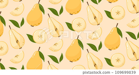 Seamless pattern with pears and leaves. Summer fruit vector illustration in cartoon flat style on isolated background. For paper, cover, fabric, gift wrapping Seamless pattern with pears and leaves. Summer fruit vector illustration in cartoon flat style on isolated background. For paper, cover, fabric, gift wrapping 109699839