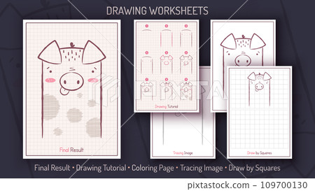 How to Draw a Dirty Pig. Step by Step Drawing Tutorial. Draw Guide. Simple Instruction. Coloring Page. Worksheets for Kids and Adults. 109700130