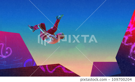 Somersault. Acrobatic stunts. Young man training, practicing parkour tricks over colorful background. Contemporary art collage. Sport. Urban style 109700204