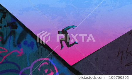 Acrobatic stunts. Young man in sportswear training, practicing parkour tricks over colorful background. Contemporary art collage. Sport. Urban style Acrobatic stunts. Young man in sportswear training, practicing parkour tricks over colorful background. Contemporary art collage. Sport. Urban style 109700205