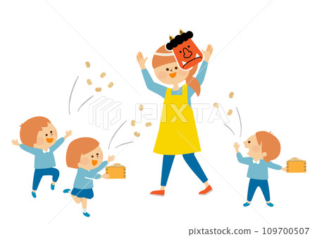 Setsubun illustration material of kindergarten children and teacher throwing beans 109700507