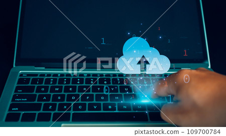 Human uses laptop for download and backup by digital cloud network technology, Cloud computing storage technology, Data storage platform, Business networking and internet service concept. 109700784