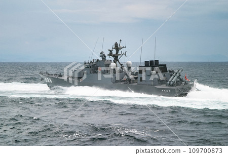 Maritime Self-Defense Force missile boat sailing at high speed 109700873