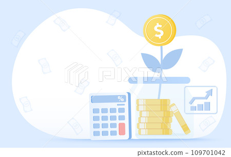 Growth investment and saving money concept. Financial management, earning increase, bank deposit, budget, stability, wealth, planning and goal. Flat vector design illustration. Growth investment and saving money concept. Financial management, earning increase, bank deposit, budget, stability, wealth, planning and goal. Flat vector design illustration. 109701042