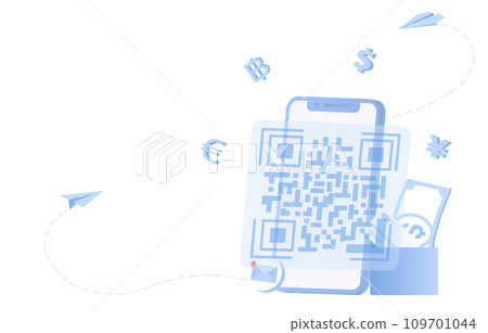 Internet banking and QR payment concept. QR code scanning to purchase, shopping online, electronic transactions and money transfer. Flat vector design illustration with copy space. 109701044