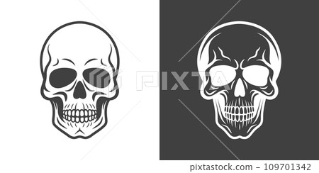 Vector Black and White Skull Icon Set Closeup Isolated. Skulls Collection with Outline, Cut Out Style in Front View. Hand Drawn Skull Head Design Template 109701342
