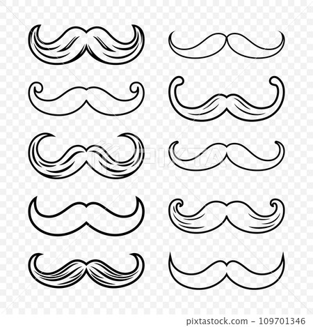 Vector Isolated Mustache Set. Face Party Decoration for Portrait, Stencil. Cartoon Flat Illustration, Santa Claus Mustache Shape with Outline, Silhouette. Fathers Day Symbol 109701346
