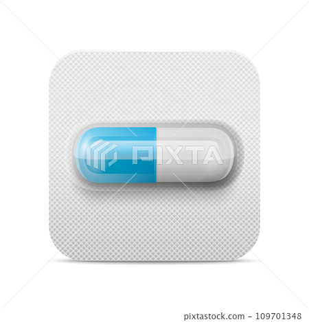Vector Realistic Pharmaceutical Medical Blue Pill, Vitamins, Capsule in Blister Closeup Isolated. Pill in Blister Packaging Design Template. Front View. Medicine, Health Concept 109701348