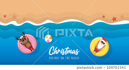 cute santa claus and deer relaxing on float ring in water on the beach vector illustration EPS10 109701541