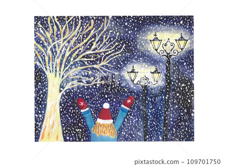 Winter illustration of a girl walking under the snowflakes at night. Hand painted blue and black watercolor Christmas 2024 landscape for banner or wallpaper. Design for postcards, New Year's 2024 gift Winter illustration of a girl walking under the snowflakes at night. Hand painted blue and black watercolor Christmas 2024 landscape for banner or wallpaper. Design for postcards, New Year's 2024 gift 109701750