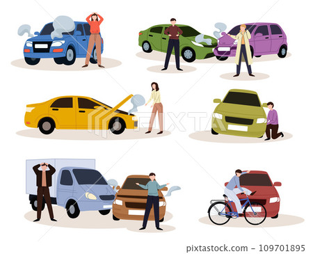 Car accidents set. Crash, collision at road traffic. Car damaged vehicle transportation. Drivers, pedestrians and broken auto, damaged transport, injured people after crush. 109701895