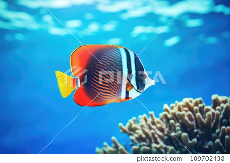 Exotic tropical coral reef redtail butterflyfish on natural blue background 109702438