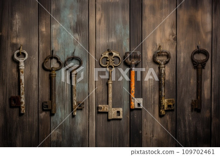 Antique and rusty keys on weathered wooden planks Antique and rusty keys on weathered wooden planks 109702461