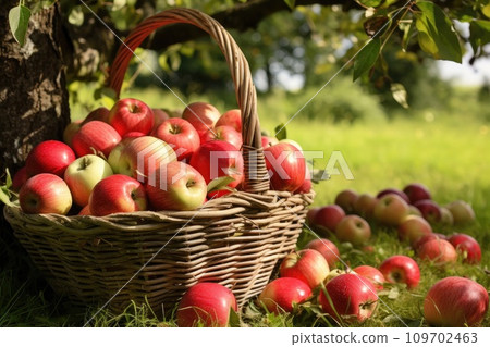 Baskets full of apples under a tree in an apple... - Stock Illustration ...