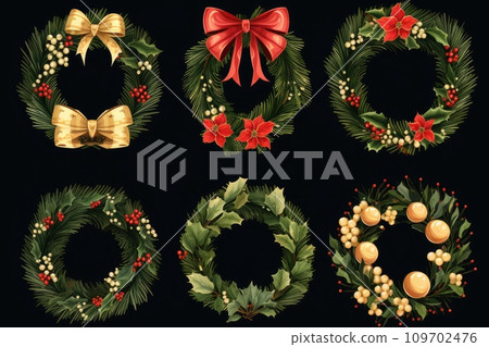 Illustration of a set of Christmas wreaths 109702476