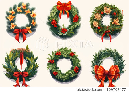 Illustration of a set of Christmas wreaths Illustration of a set of Christmas wreaths 109702477