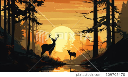 Illustration of a silhouette of a deer and a roe in the forest at sunset 109702478