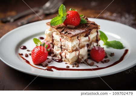 Tiramisu dessert with cocoa and strawberries Tiramisu dessert with cocoa and strawberries 109702479