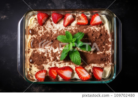 Tiramisu dessert with cocoa and strawberries Tiramisu dessert with cocoa and strawberries 109702480