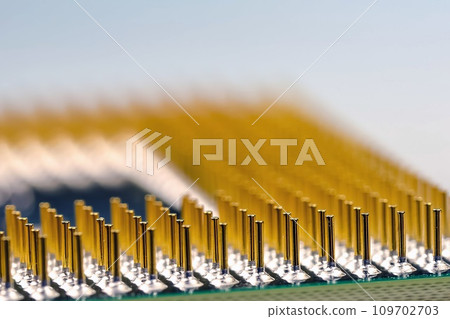Comptuer processor and motherboard, microchip details close view. Hi-tech innovation background Comptuer processor and motherboard, microchip details close view. Hi-tech innovation background 109702703