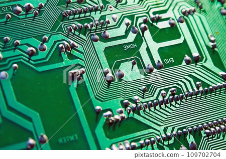 Comptuer processor and motherboard, microchip details close view. Hi-tech innovation background Comptuer processor and motherboard, microchip details close view. Hi-tech innovation background 109702704