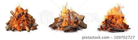 AI-generated content. Set of bonfire is cut out on a transparent background. Close-up of the bonfire. Camp or outdoor recreation concept. To be inserted into a design or project. 109702727