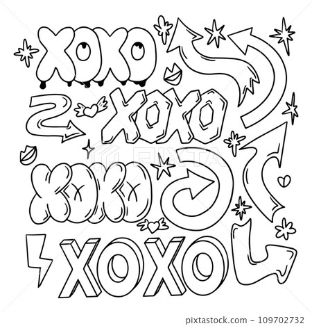 Single line doodle set with word XOXO in retro 90s style. Clipart of hand drawn words, arrows, kisses. Black contour sketchy signs and words in bubble, street style graffiti. Perfect for social media Single line doodle set with word XOXO in retro 90s style. Clipart of hand drawn words, arrows, kisses. Black contour sketchy signs and words in bubble, street style graffiti. Perfect for social media 109702732