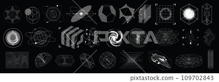 3D cyberpunk grid y2k shape set, vector wireframe warp retro futuristic geometric icon collection.  109702843