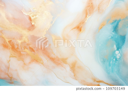 Abstract marble texture background illustration in modern style in peach fuzz and blue colors, adorned with stylish golden splashes. Trendy luxury gold marble poster for wallpaper design. 109703149