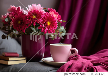 Cup of coffee and chrysanthemum bouquet. Generative AI 109703325