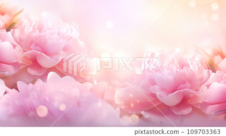 Beautiful soft-focused pink peonies in warm light with dreamy effect and delicate and romantic feel of love, tenderness, and the gentle warmth of summer. Greeting postcard, banner with copy space 109703363