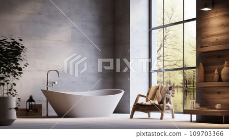 Serene minimalistic bathroom design with wooden shelving and large window with view of tranquil lakeside. Zen spa ambiance Serene minimalistic bathroom design with wooden shelving and large window with view of tranquil lakeside. Zen spa ambiance 109703366