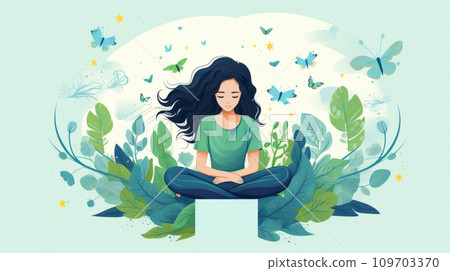 Serene illustration of woman in meditative pose at nature in green colors, sense of peace, connection with environment, mindfulness, tranquility, well-being, inner peace. Mental Health Awareness 109703370