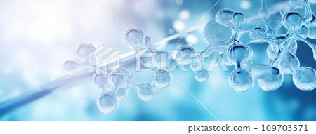 Close-up view of molecular structure model with spherical elements and connecting rods against soft blue background. Intricate architecture of atomic models. Nanotechnology in biological research 109703371