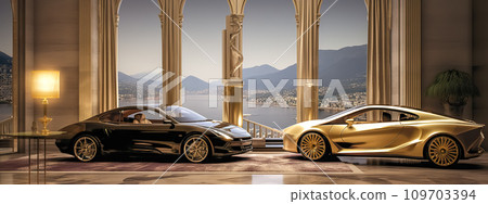 AI-generated content. Luxurious cars within a palatial estate overlooking a serene lake, epitome of opulence. banner 109703394