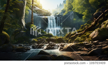 Majestic forest waterfall, nature's serenity scene with tranquil pool below, lush greenery and moss-covered stones, sense of peacefulness and untouched beauty of nature in forest ecosystem 109703409