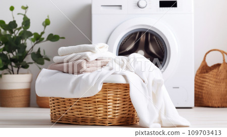 Scene of domestic life, wicker laundry basket with clean white soft beige towels. background with modern white washing machine, green plant. Organization and care in home management 109703413