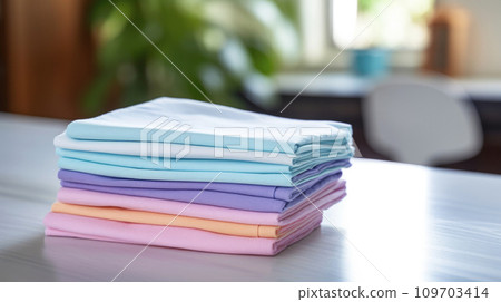 Neatly organized stack of clothing in gradient shades ranging from white to pastel colors like light blue, pink, lavender, and peach, on wooden table, with blurred plant in background 109703414