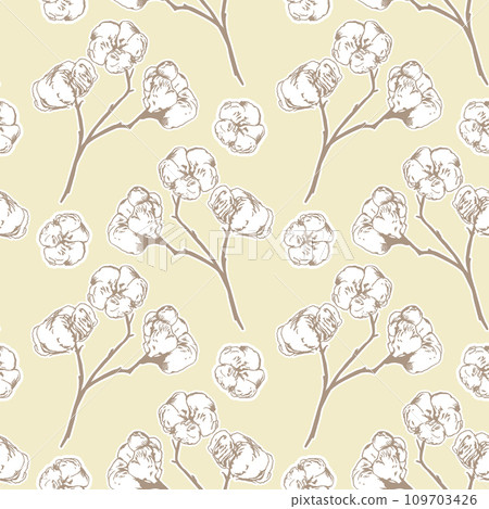 Cotton, branches. Seamless pattern. Vector illustration. Design element for wrapping paper, textiles, covers, cards, packages, wallpaper. 109703426