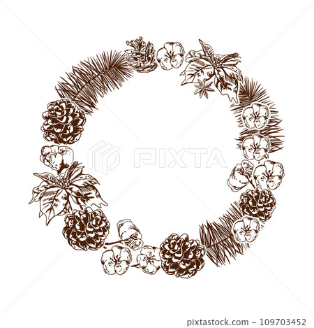 Fir branches, cotton, pine cones, poinsettia. Christmas sale banner. New Year. Vector illustration. Decor of winter sales, New Year cards, invitations 109703452
