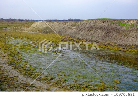 The image showcases a small pond covered in green algae, with a dirt embankment on one side under a clear blue sky. 109703681