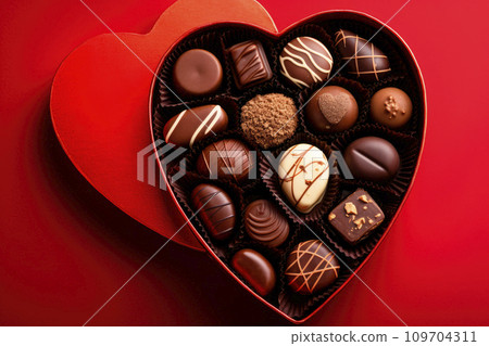 Chocolate bonbons in a heart-shaped box for Valentine's Day on red background 109704311