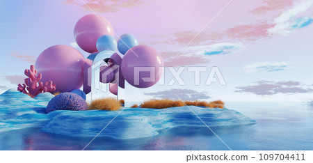 3d Render, Abstract Surreal pastel landscape background with arches and podium for showing product, panoramic view, Colorful dune scene with copy space, blue sky and cloudy, Minimalist decor design 3d Render, Abstract Surreal pastel landscape background with arches and podium for showing product, panoramic view, Colorful dune scene with copy space, blue sky and cloudy, Minimalist decor design 109704411